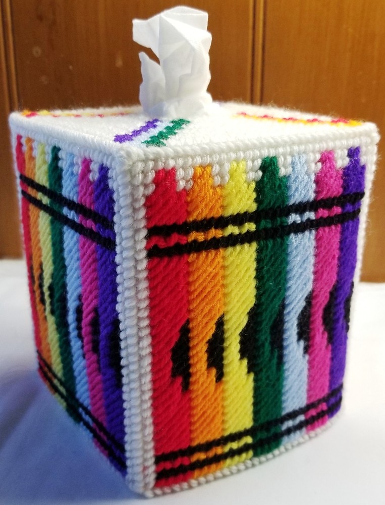 "Crayons" Tissue Box Cover (Plastic & Yarn) Finished