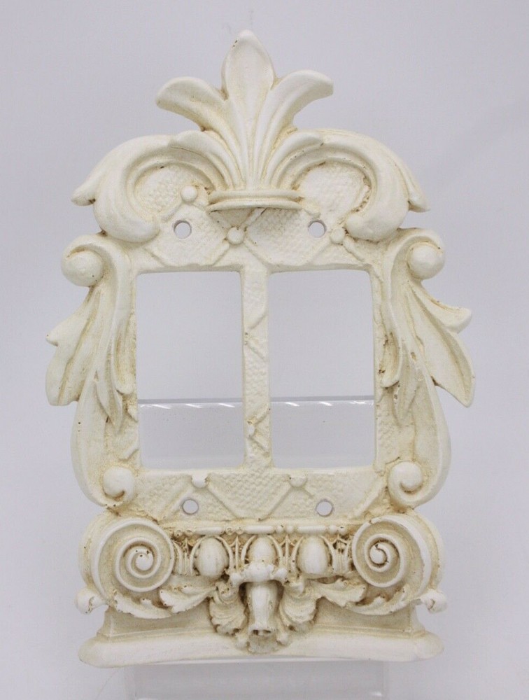 Composite 3D Antique Style Double White Dimmer Light Switch Plate Fleur de Lis