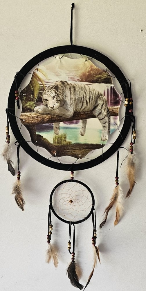 WHITE TIGER TREE WATERFALL INDIAN DREAMCATCHER 2 RINGS