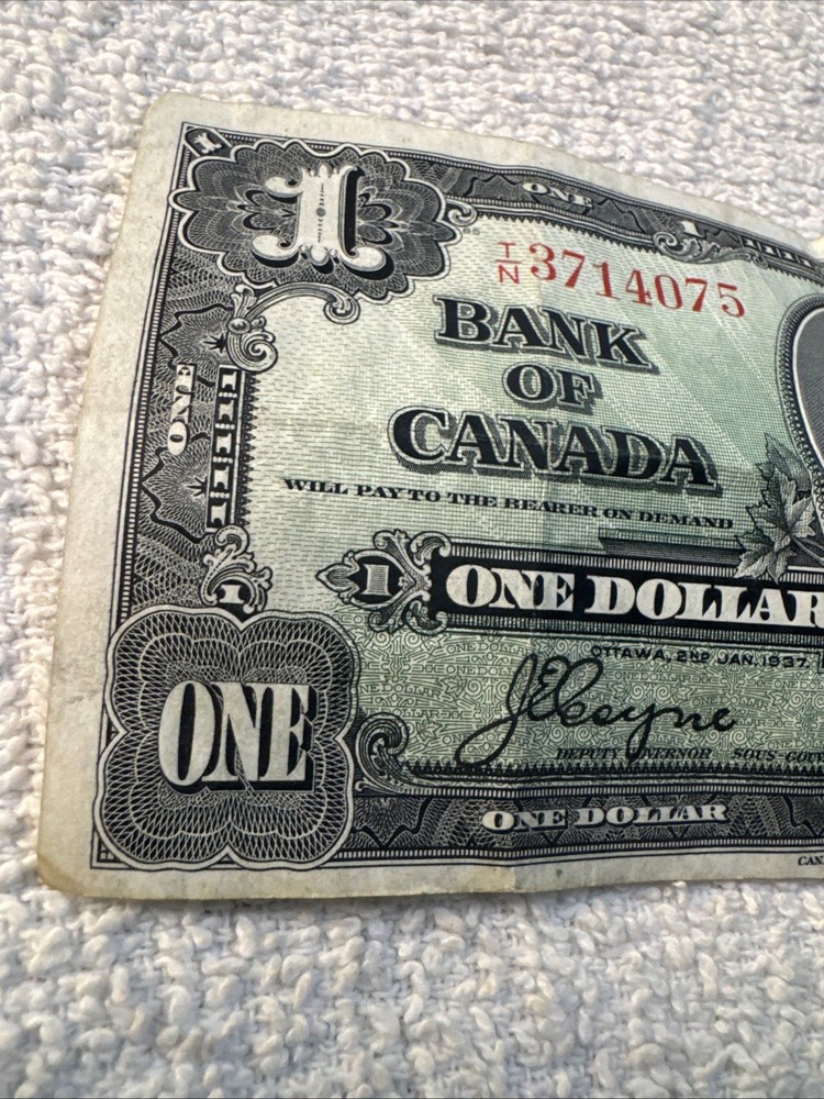 Vintage 1937 Canada One Dollar Banknote