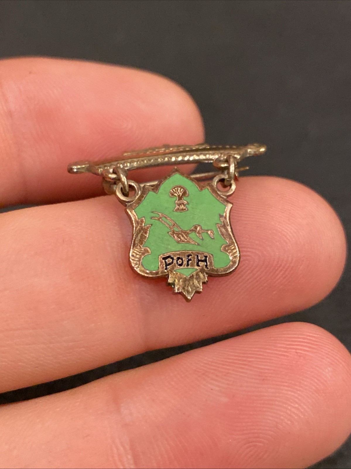Vtg Antique P of H Patron Of Husbandry Green Enamel Dangle Shield Crest Logo Pin