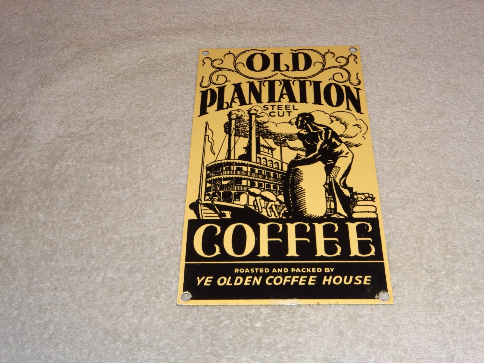 VINTAGE OLD PLANTATION COFFEE W/ PADDLE BOAT 10.5" PORCELAIN METAL GASOLINE SIGN