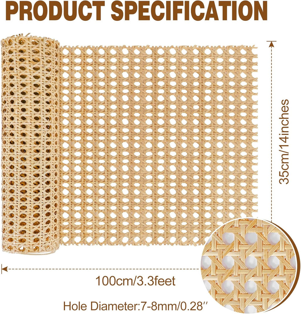 14" Width Rattan Pressed Cane Webbing Sheet for Caning Projects, 3.3FT Natural R