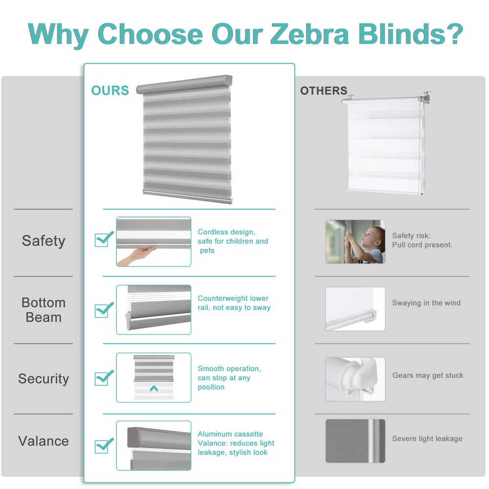 Horizontal Shade Window Blind Zebra Dual Roller Blinds Curtains,Easy to Install