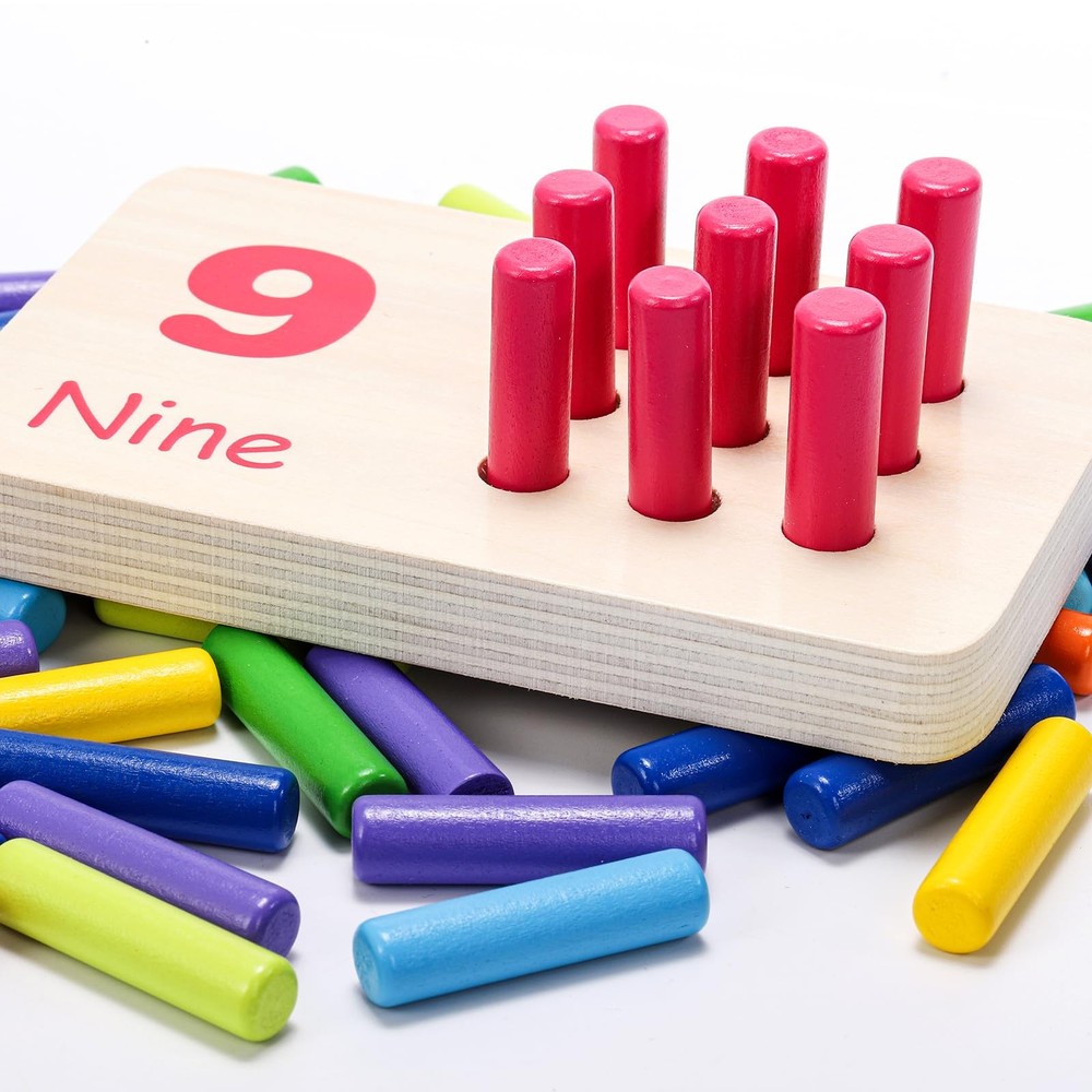 Suwimut Wooden Counting Peg Board, Kindergarten Math Multicolored