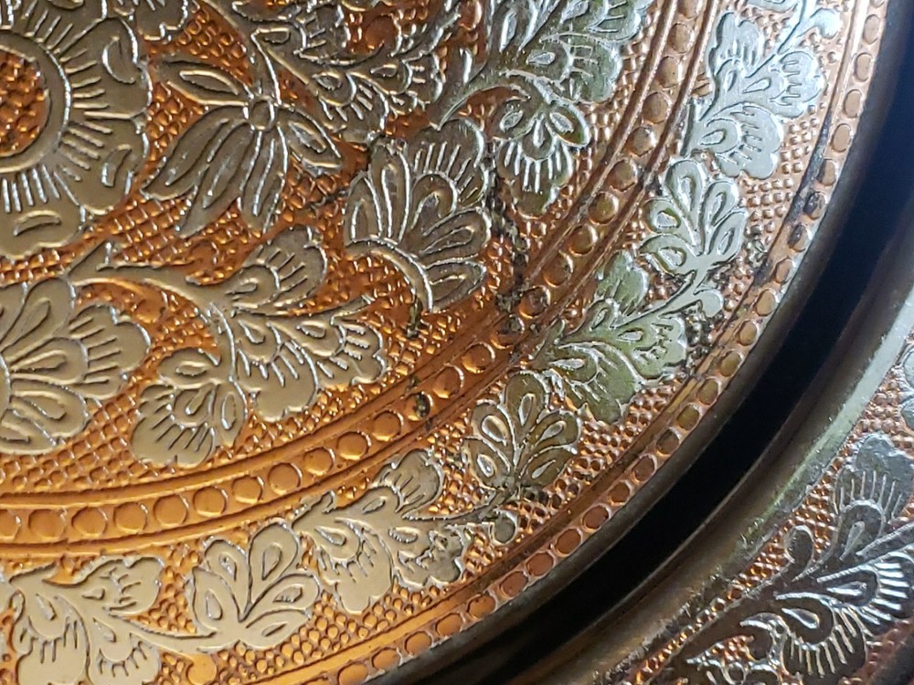 Vintage Persian Middle Easter Hand Etched Display Plate Copper Silver On Brass