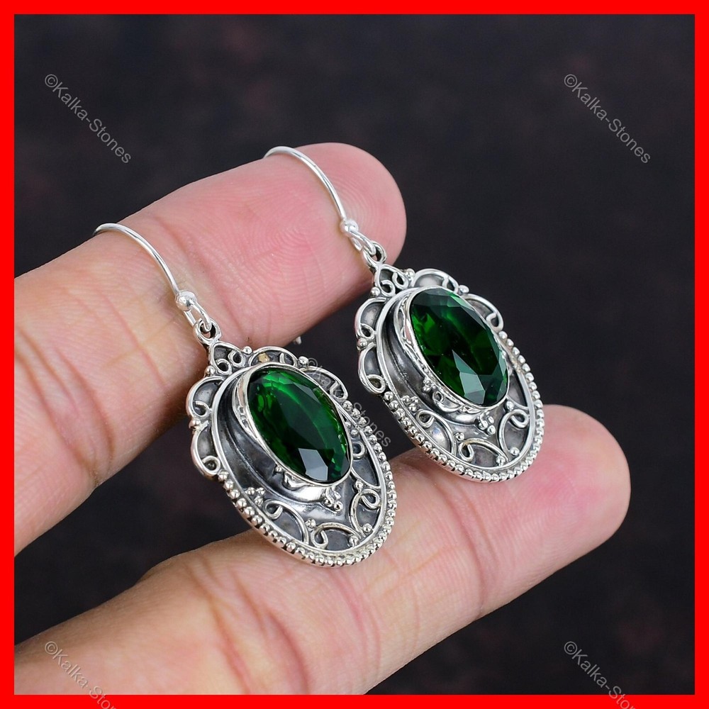 Oval Chrome Diopside Gemstone Sterling Silver Hook Dangle Drop Artisan Earrings