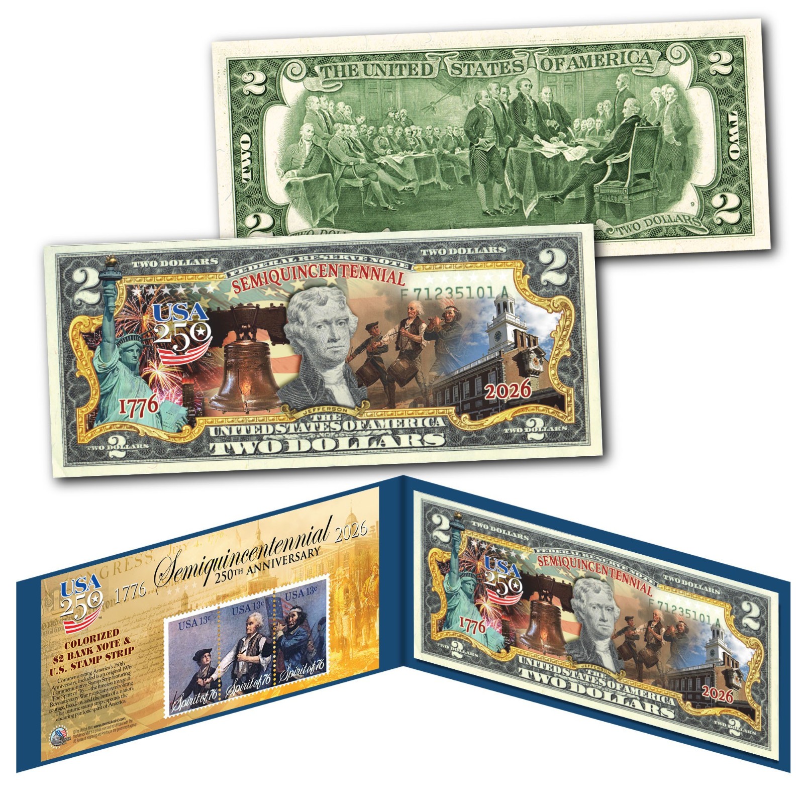 America 250 Anniversary Spirit of 1776 Genuine Stamps + July 4th USA250 $2 Bill