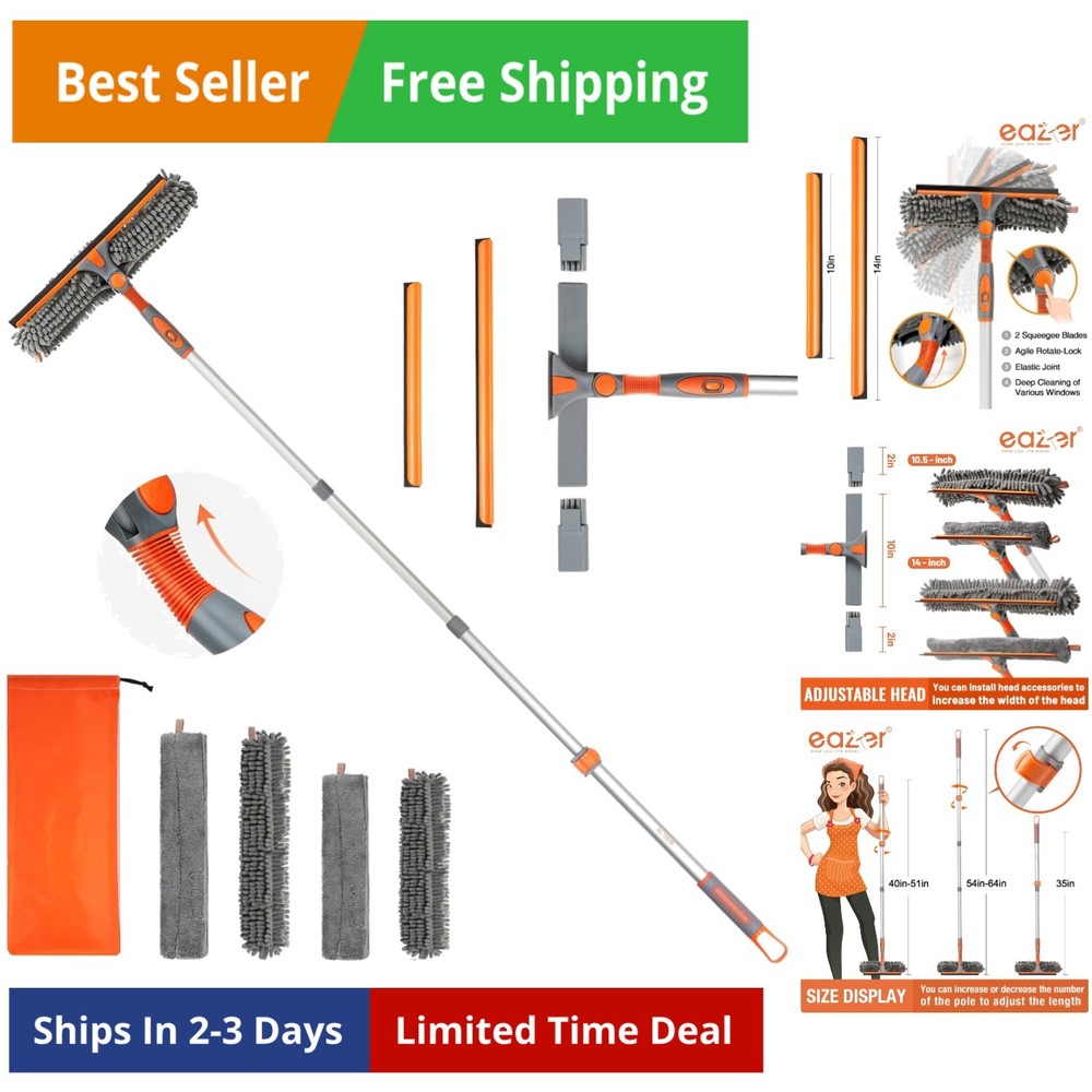 65'' Squeegee Window Cleaner 2 in 1 Rotatable Window Cleaning Tool Kit with T...