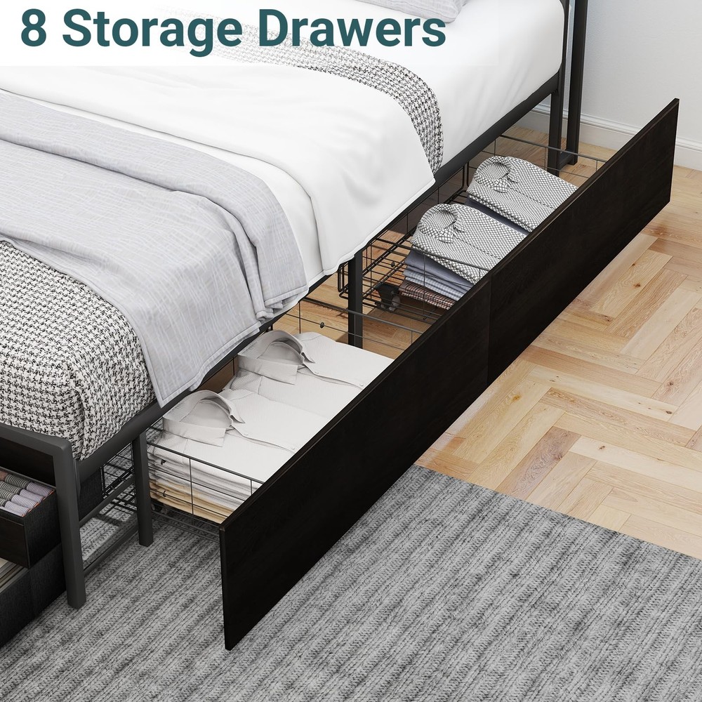 Full Bed Frame with 8 Storage Drawers, Full Metal Bed Frame with LED Light an...