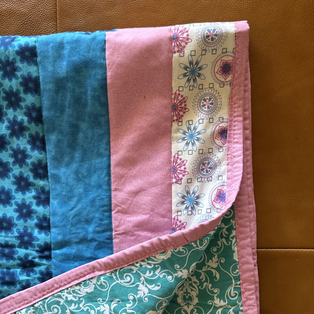 Handmade Patchwork Quilt Throw Multicolor Blue Pink Reversible Cotton Blanket