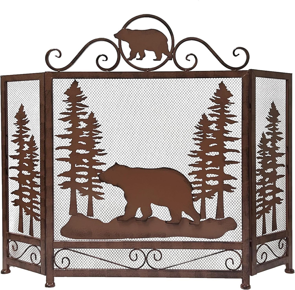 3-Panel Fireplace Screen Decorative with Bear Alone in the Forest - Stand Alone