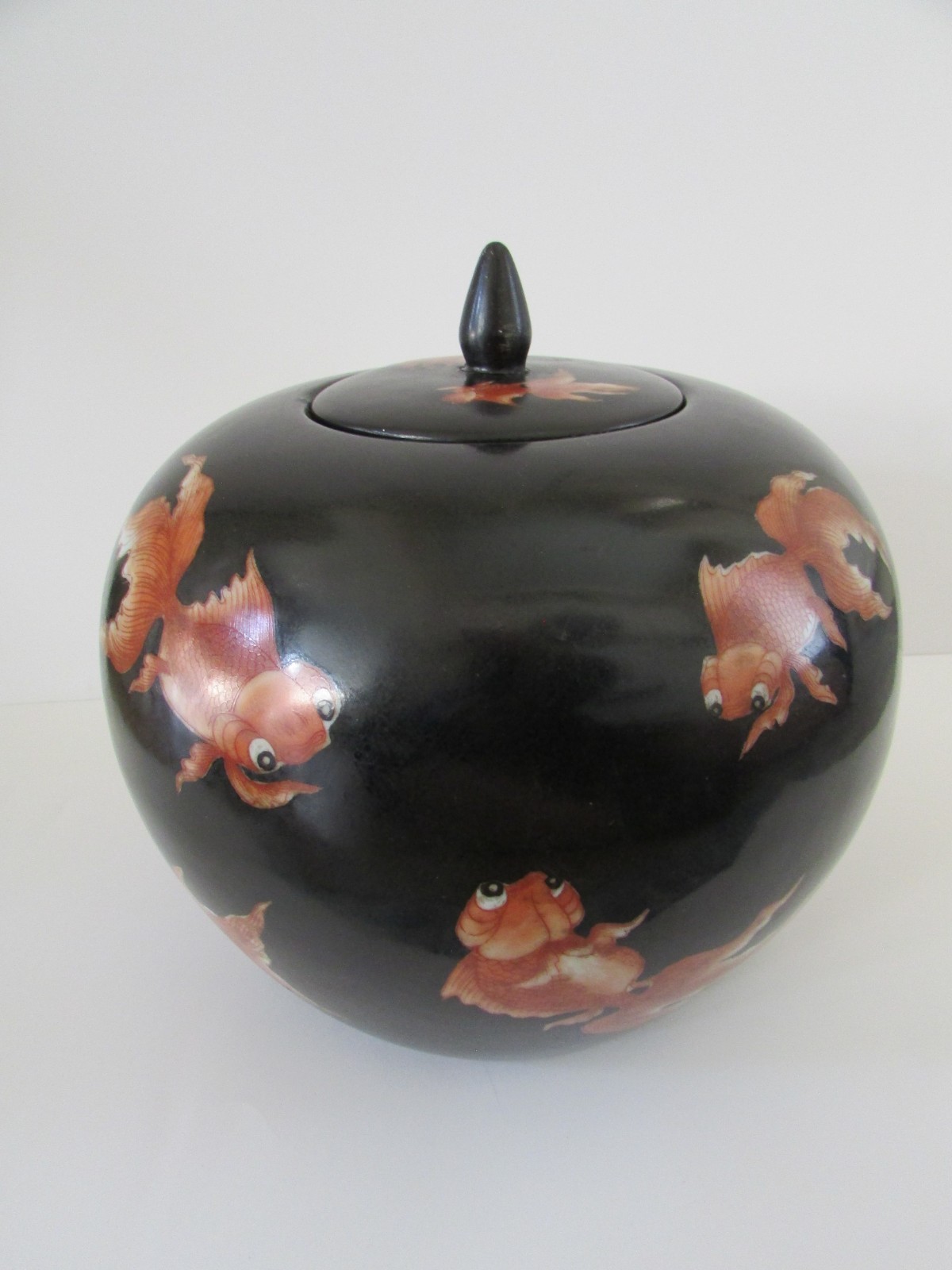 VTG Neiman Marcus Hong Kong Asian Chinoiserie Black Koi Qing Ginger Jar