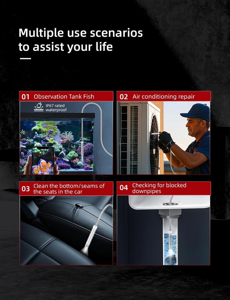 Endoscope Camera with Light, 1920P HD Borescope Camera with 8 Adjustable LED ...