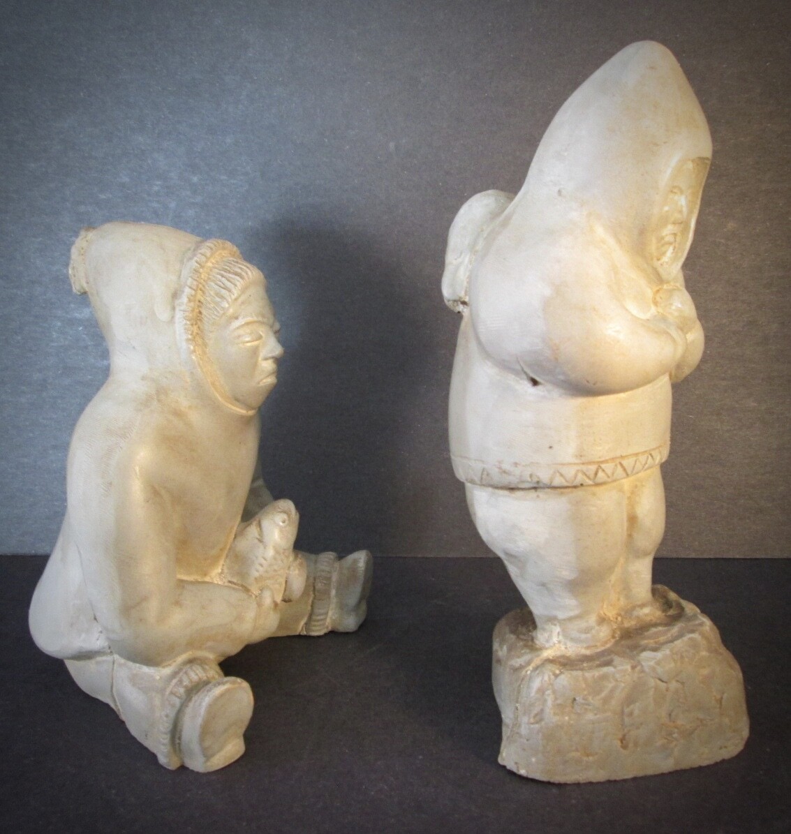 Rare Pair! ESKIMO COUPLE by Woody Mfg. Inc., Canada With Hunted Salmon and Seal!