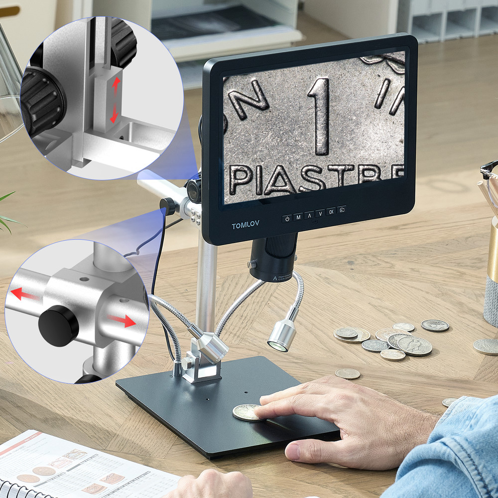 TOMLOV 10\" Digital Soldering Microscope 2000x Coin Microscope Flexibility Stand