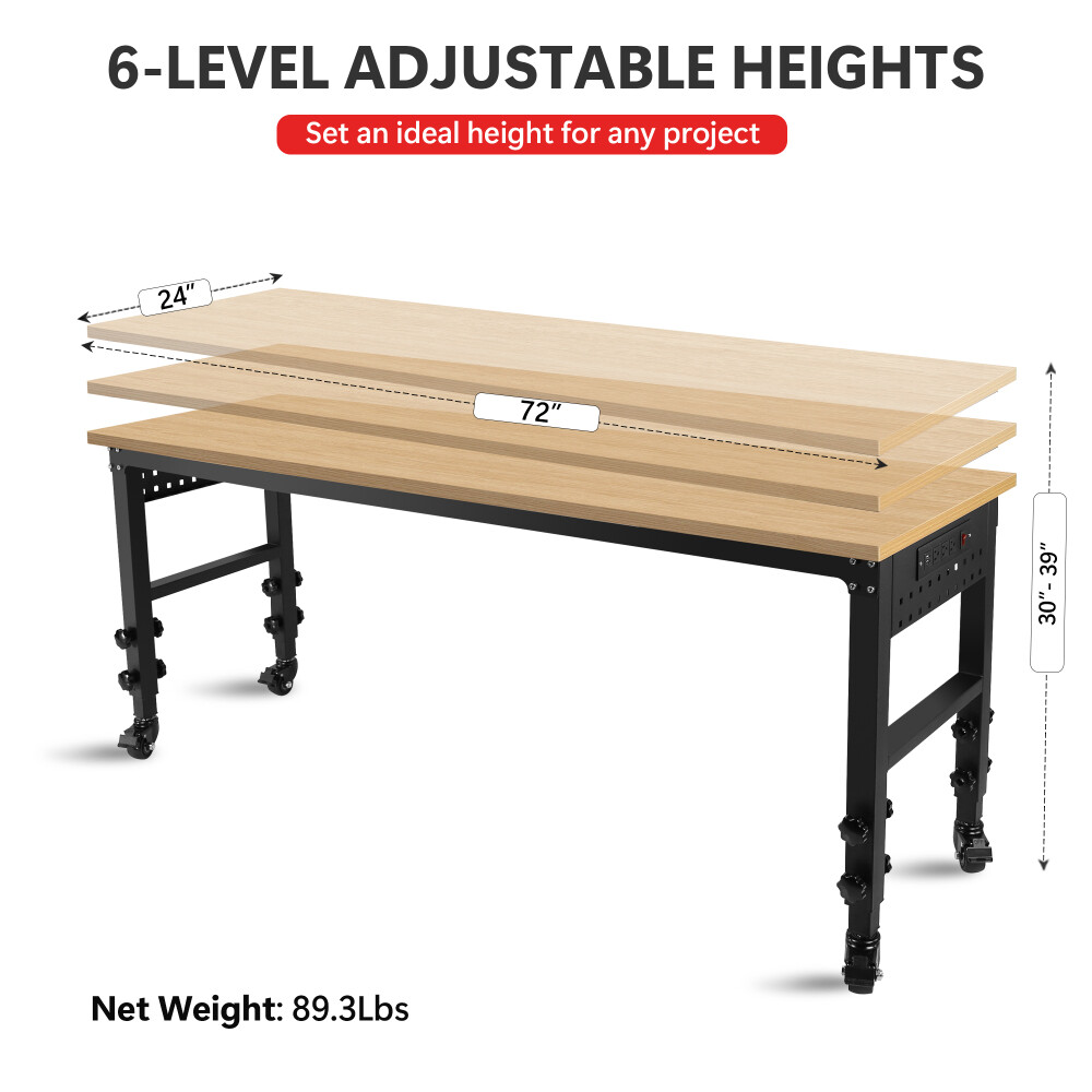 Rolling Heavy-Duty Adjustable Workbench w/4 Universal Wheels&4 Rubber Feet