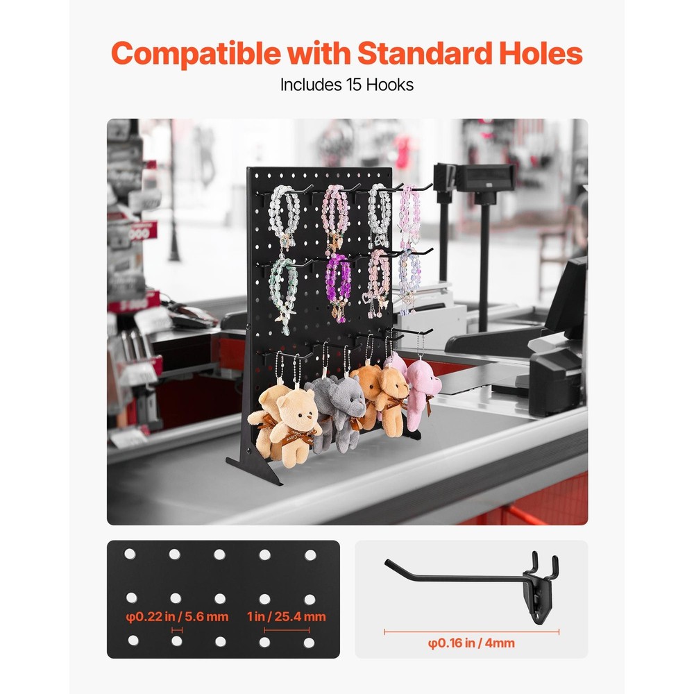 Black Pegboard Display Stand—17x13in, 15 Hooks, 11lb Max