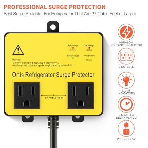 Refrigerator Surge Protector, Double Outlet Voltage Protector for 5FT Yellow