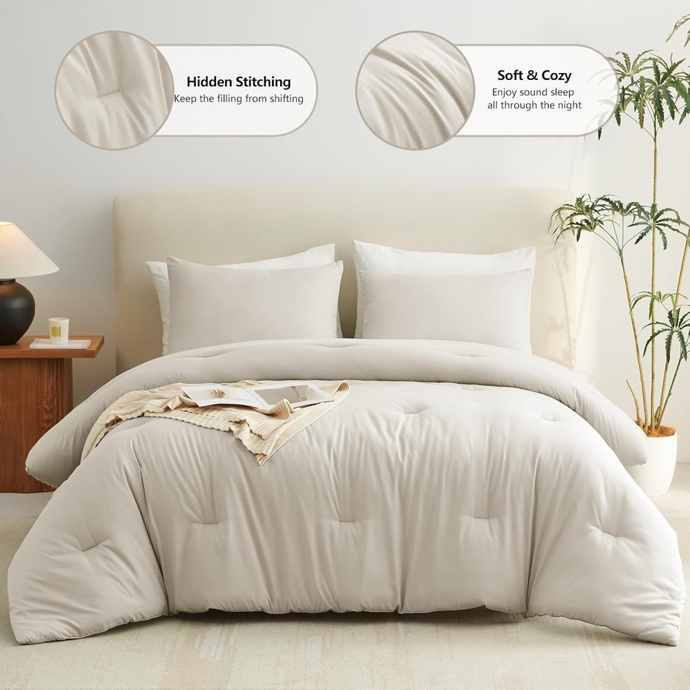 Beige Queen Comforter Set, 3 Pieces Boho Solid Breathable Quilted Style Beddi...