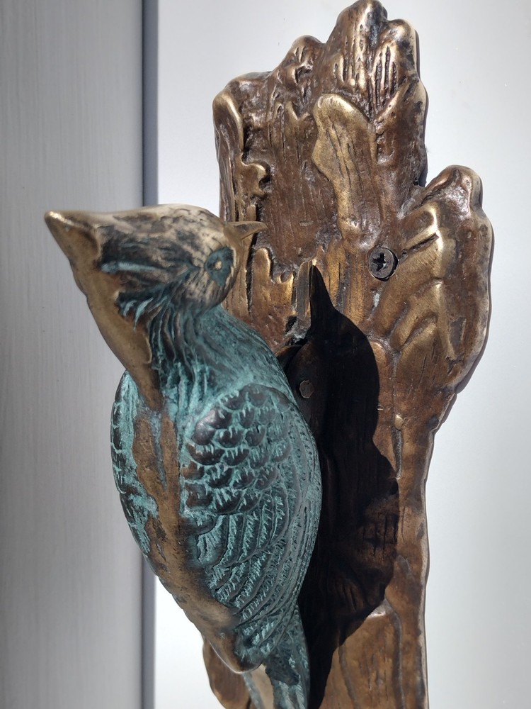 🚪✊VINTAGE SOLID BRASS bird DOOR KNOCKER PULL CHAIN sparrow WOODPECKER bell ring