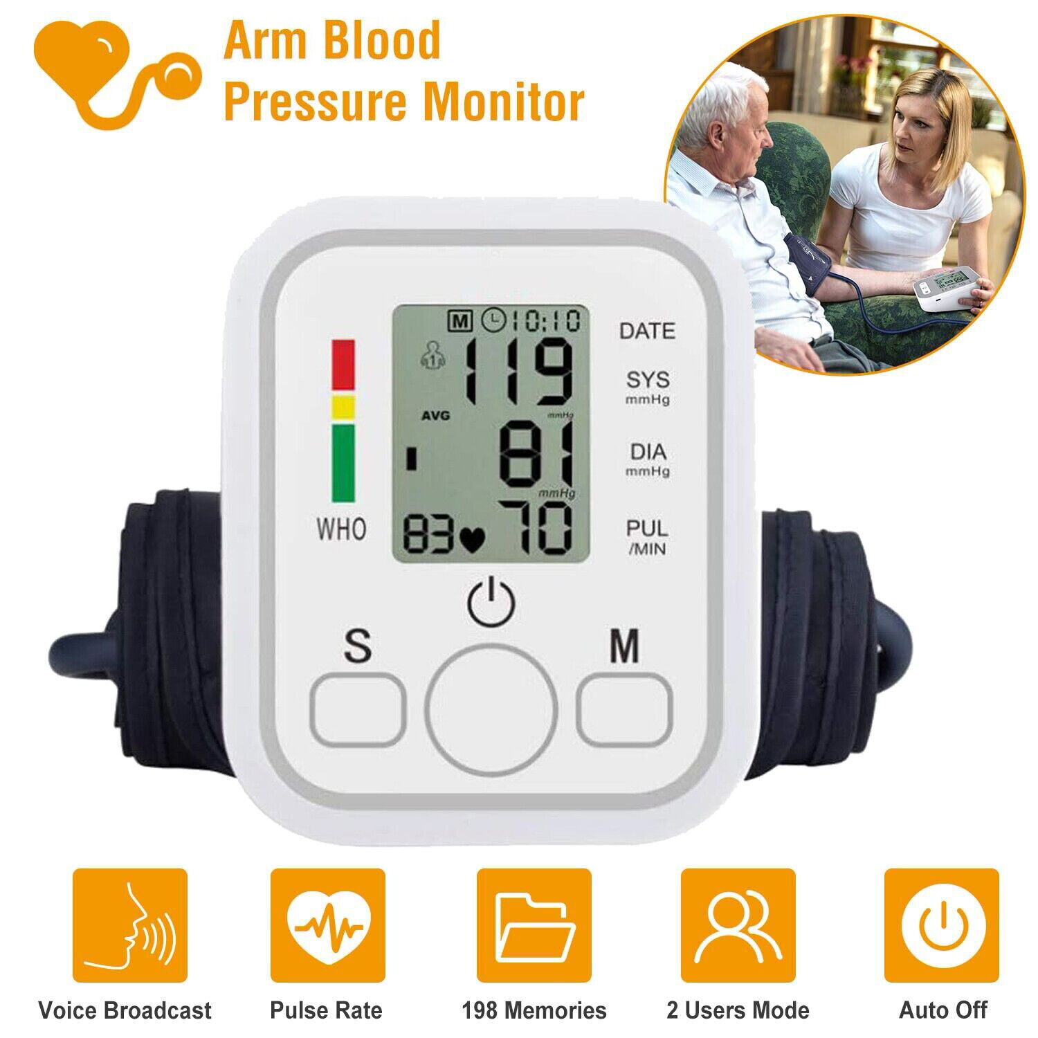 Automatic Arm Blood Pressure Monitor Digital Pulse Heart Rate Machine BP Cuff