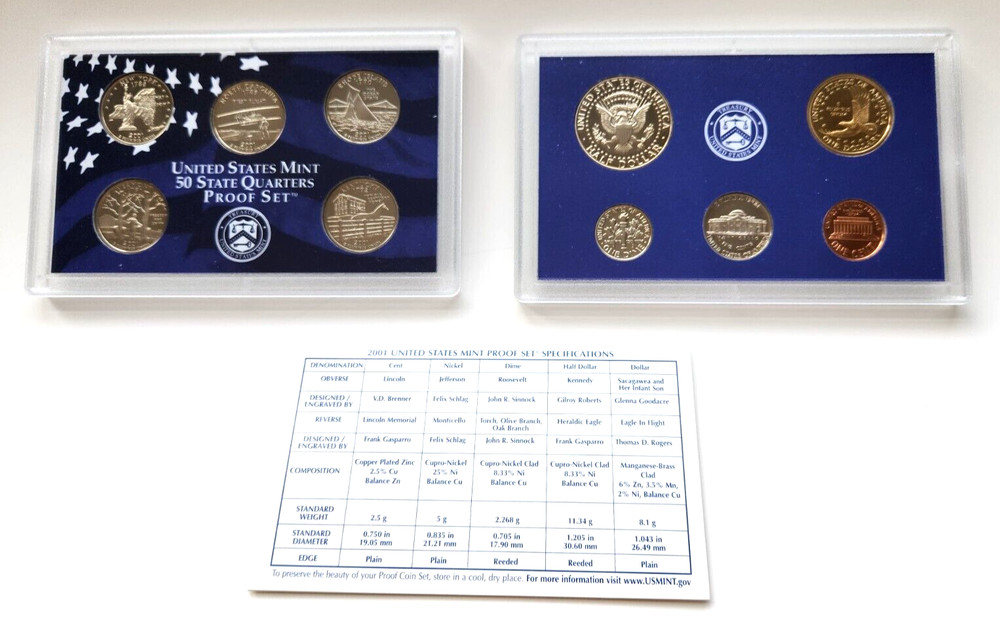 2001 UNITED STATES MINT PROOF SET- UNCIRCULATED, EXCELLENT IN BOX.