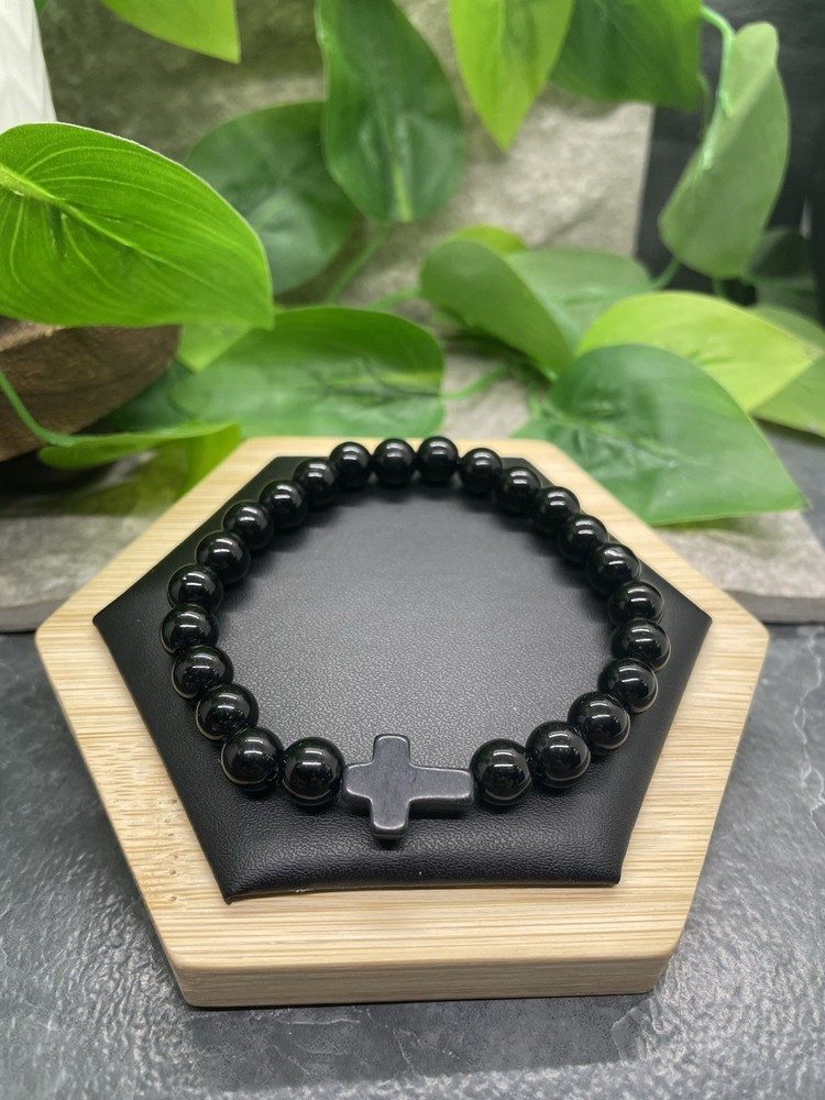 Handmade Stone Bead Stackable 7” Plus Stretch Bracelet Cross New Free Ship B8340