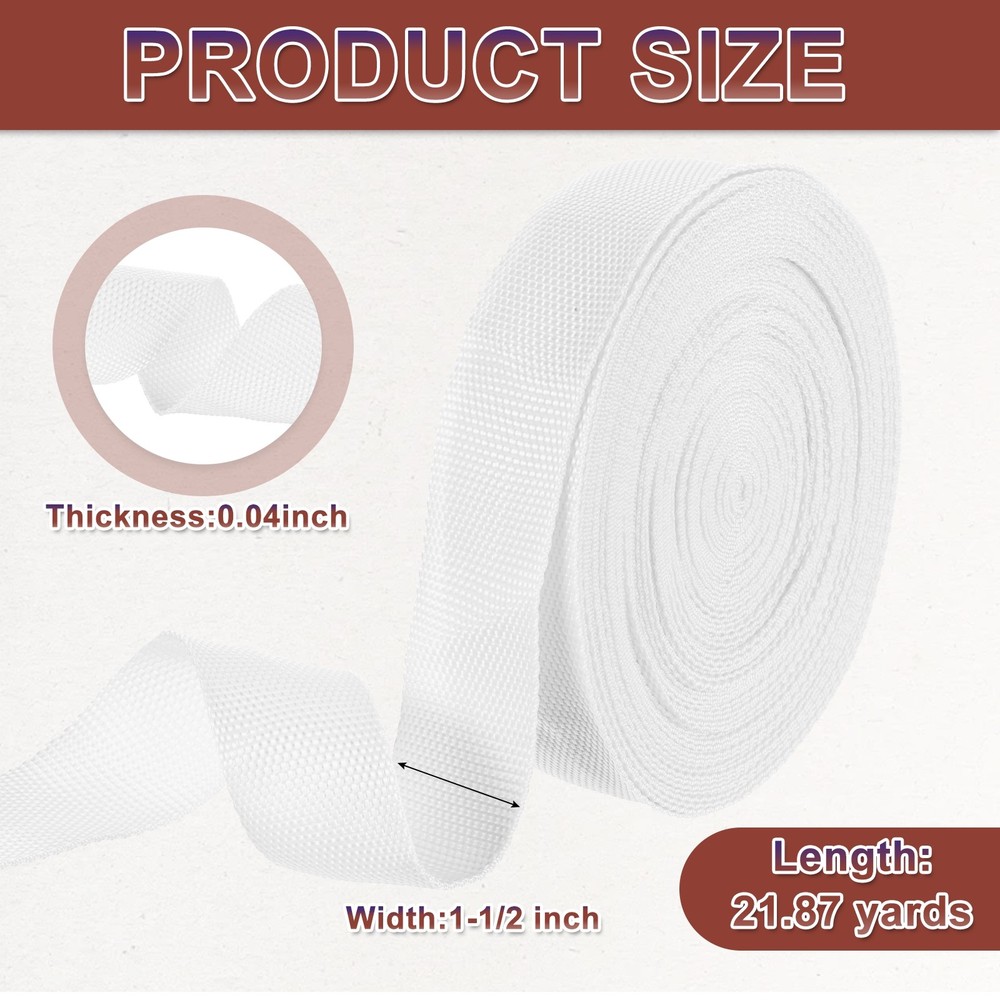 Nylon Webbing Strap, 22 Yards x 1-1/2" Polypropylene Flat Webbing Strap (White)