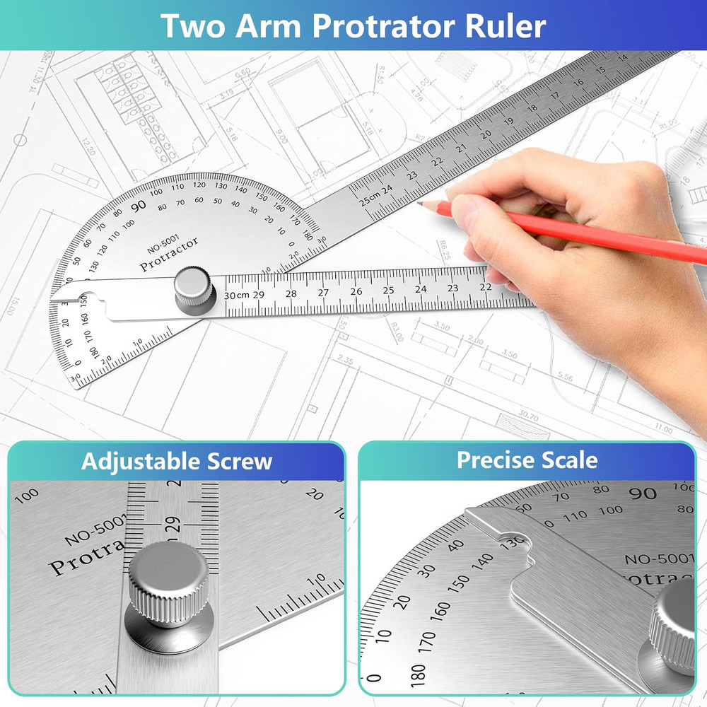 Stainless Steel Protractor 180 Degrees Two Arm Ruler Adjustable Angle Protractor