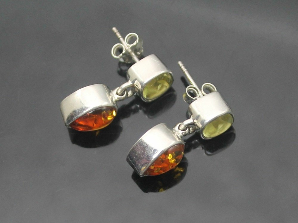 CHARMING CITRINE PEAR BALTIC AMBER STERLING SILVER DANGLE POST EARRINGS