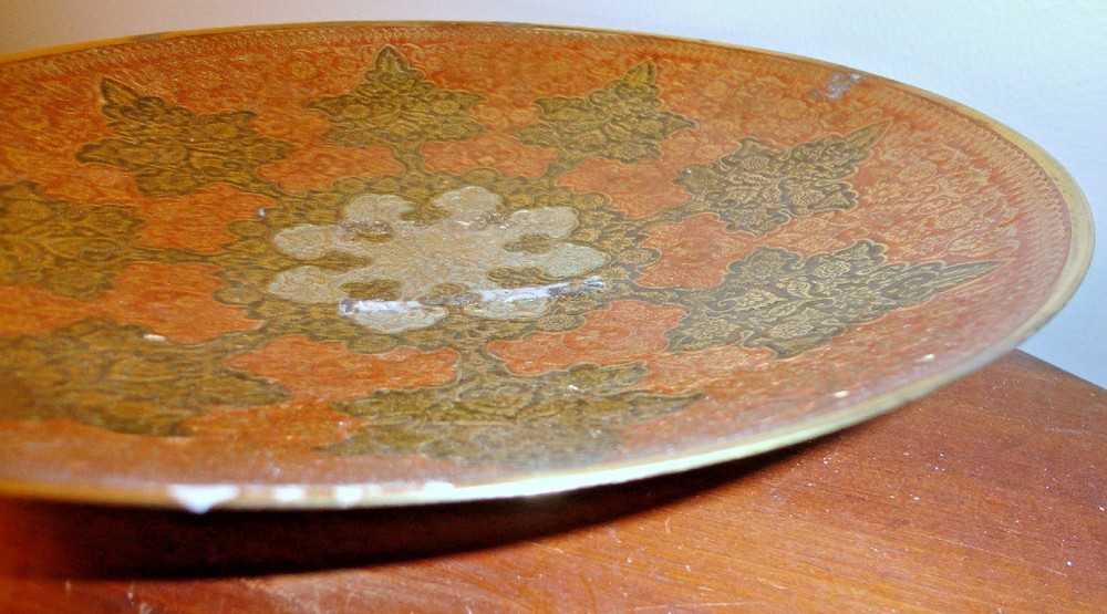 DECORATIVE HAND PAINTED SOLID BRASS FOOTED BOWL DEEP PLATE 10" MADE IN INDIA