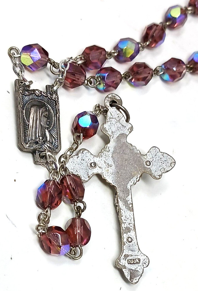Catholic Rosary Cross Purple AB Aurora Borealis Glass Bead SilverTone Chain J6Db