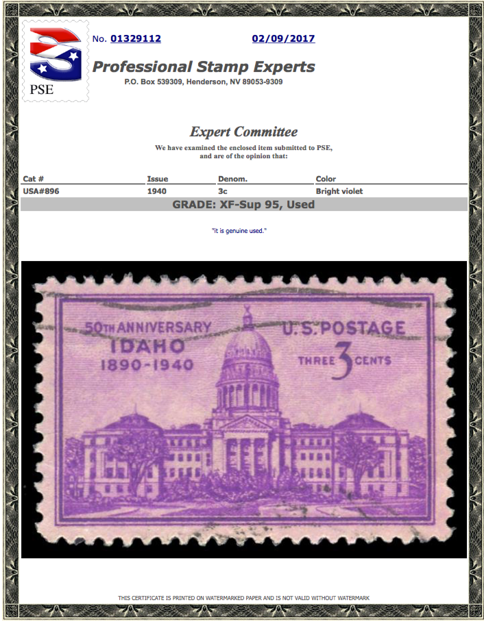 #896 Used, PSE Graded 95, Cert # 01329112