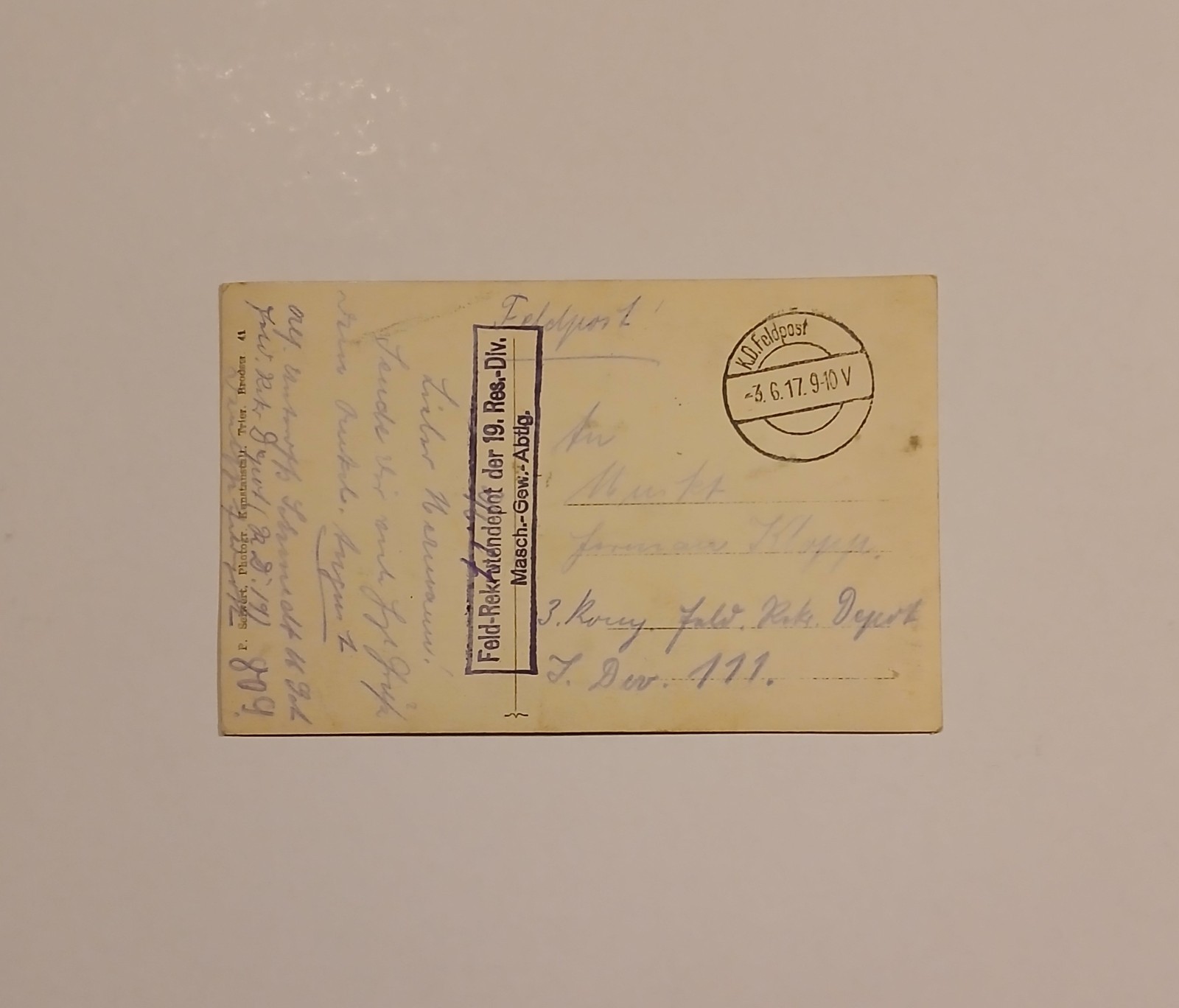 WWI RPPC Of German Unteroffizier 3rd Company Machine Gun Detatchment dated 3...