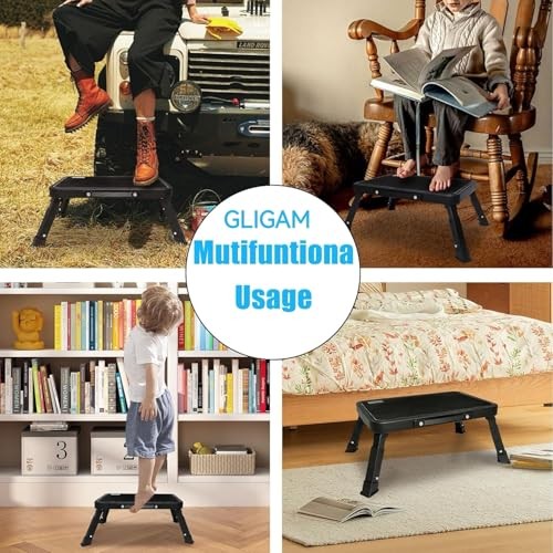 Step Stool, Adjustable Folding Step Stools for Adults and Seniors, Black