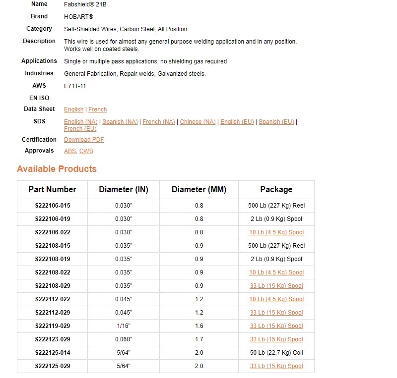 Hobart Fabshield 21B .035 x 2lb Flux Cored Wire (E71TGS035X2)