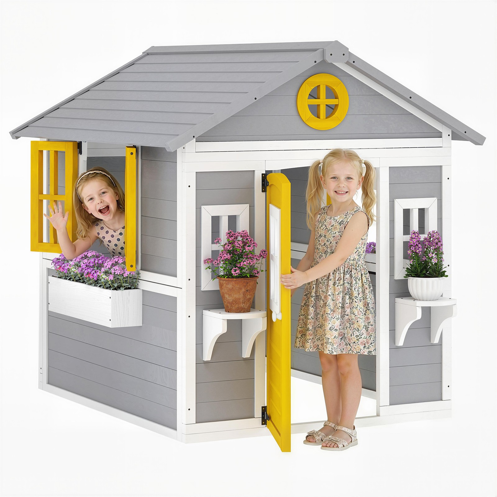 Outsunny Playhouse for Kids with Doors, Windows, Planter Pots and Boxes
