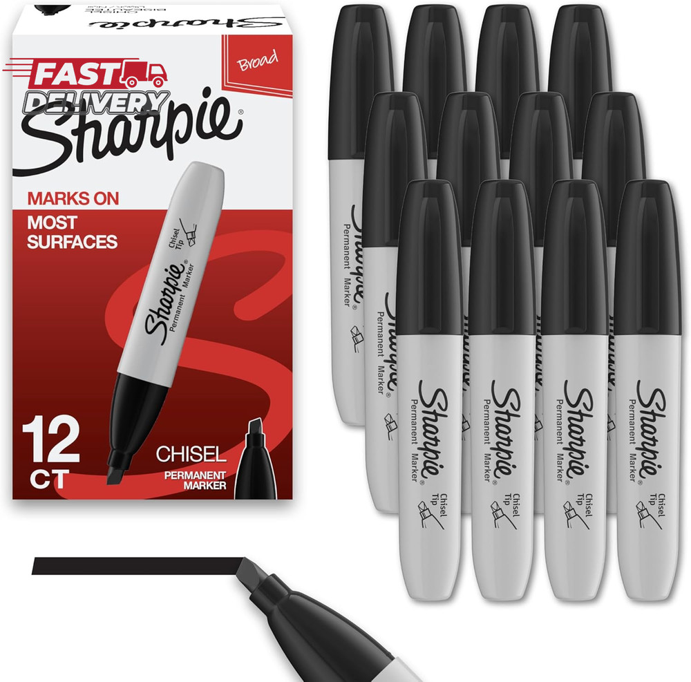 Sharpie Permanent Markers, Chisel Tip, Black, 12 Count - Home, School, Office Su