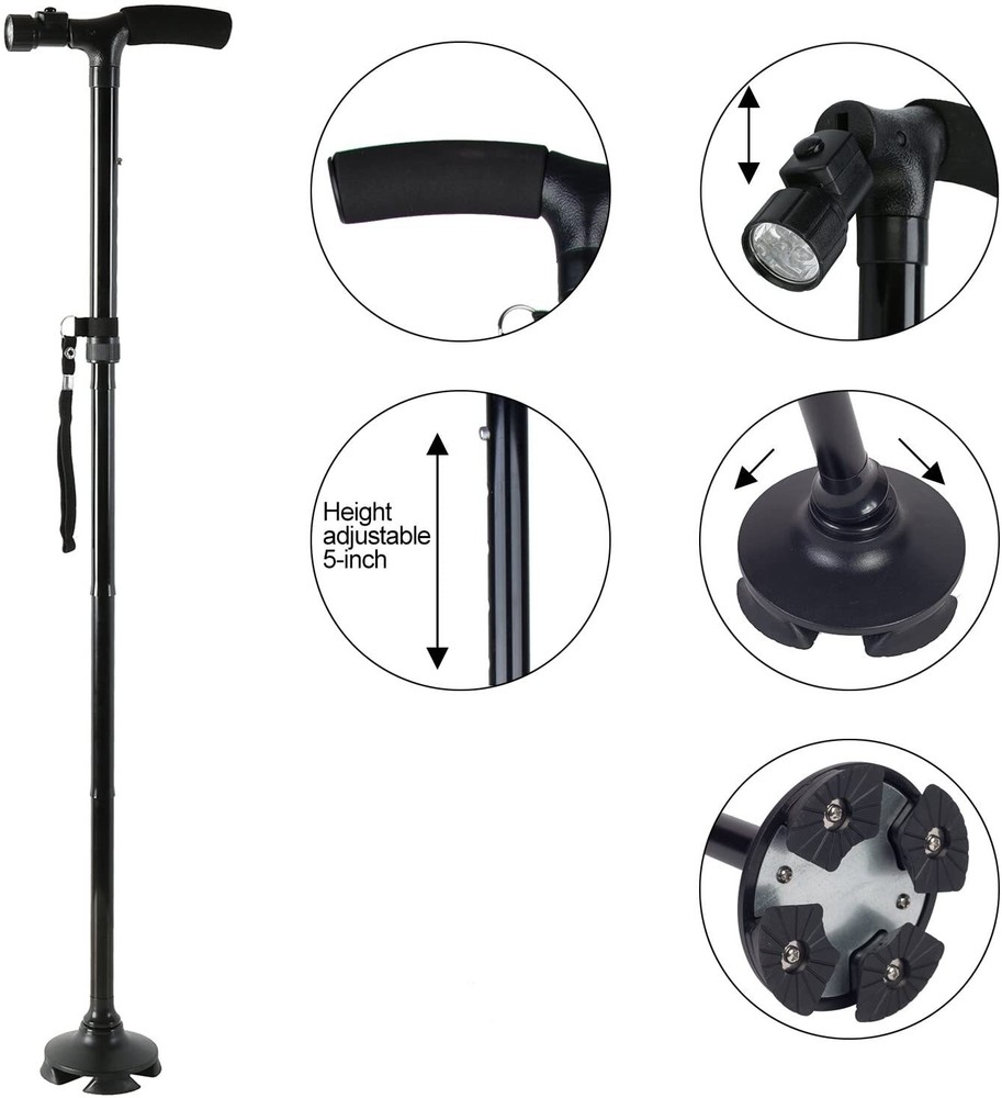 Folding LED Walking Stick Cane All-Terrain Pivoting Base Adjustable Black