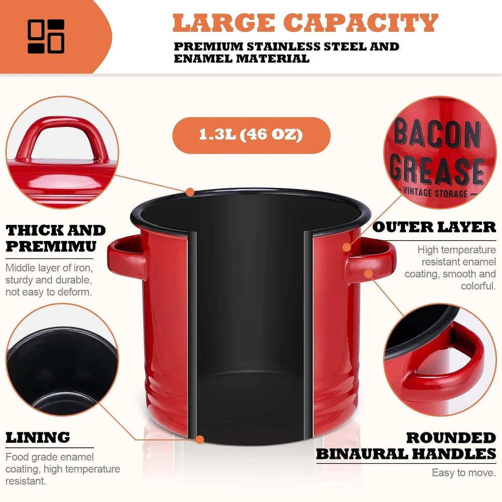 Bacon Grease Container with Strainer - Large 46OZ Red Kitchen Oil Storage Can...