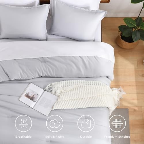 Queen Comforter Set, Boho Solid Reversible Bedding Queen (90"x90") Silver Grey