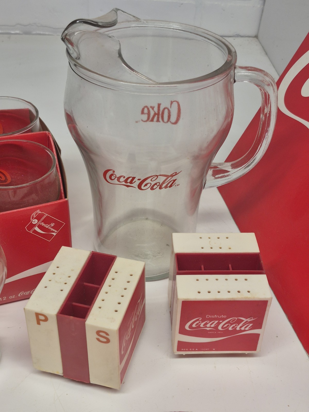 Vintage Coca-Cola Collectible Item Lot Glasses Pitcher Hat Shakers