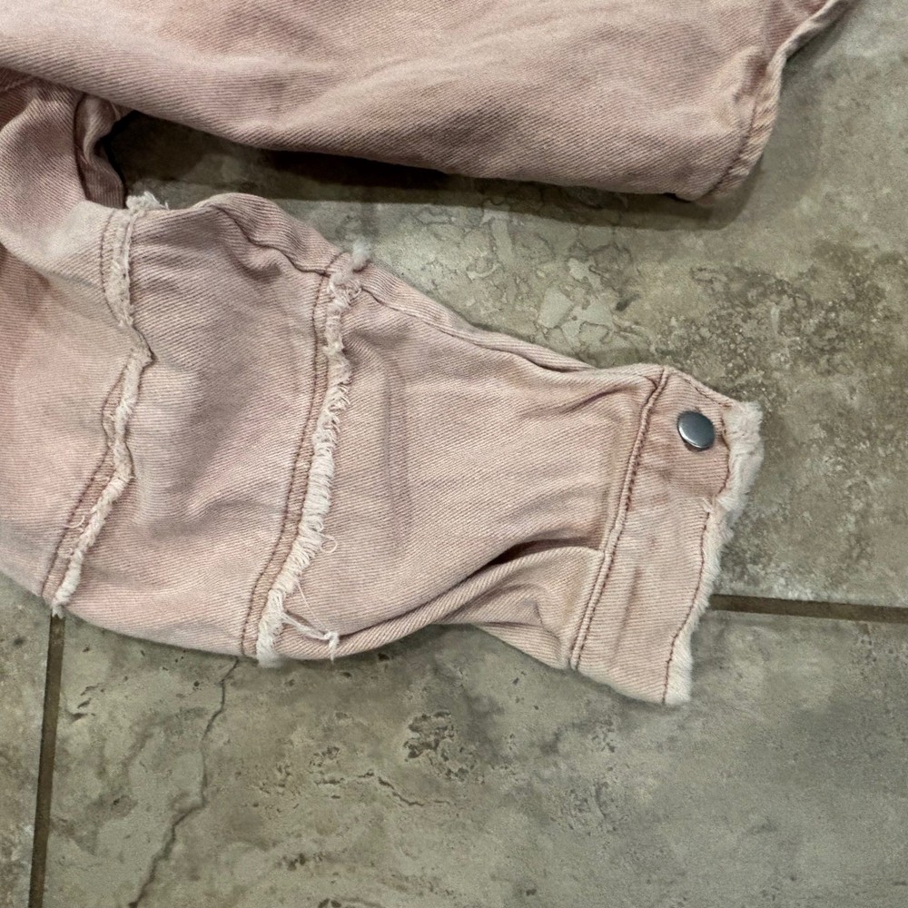POL Pink Distressed Denim Shacket Studded Raw Hem Oversized Jacket Small