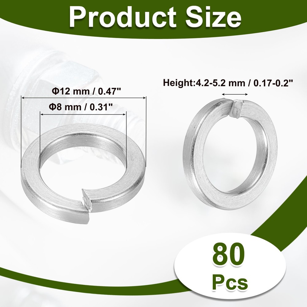 80 Pcs M8 Split Lock Washer Spring Lock Washer 304 Stainless Steel, Silver