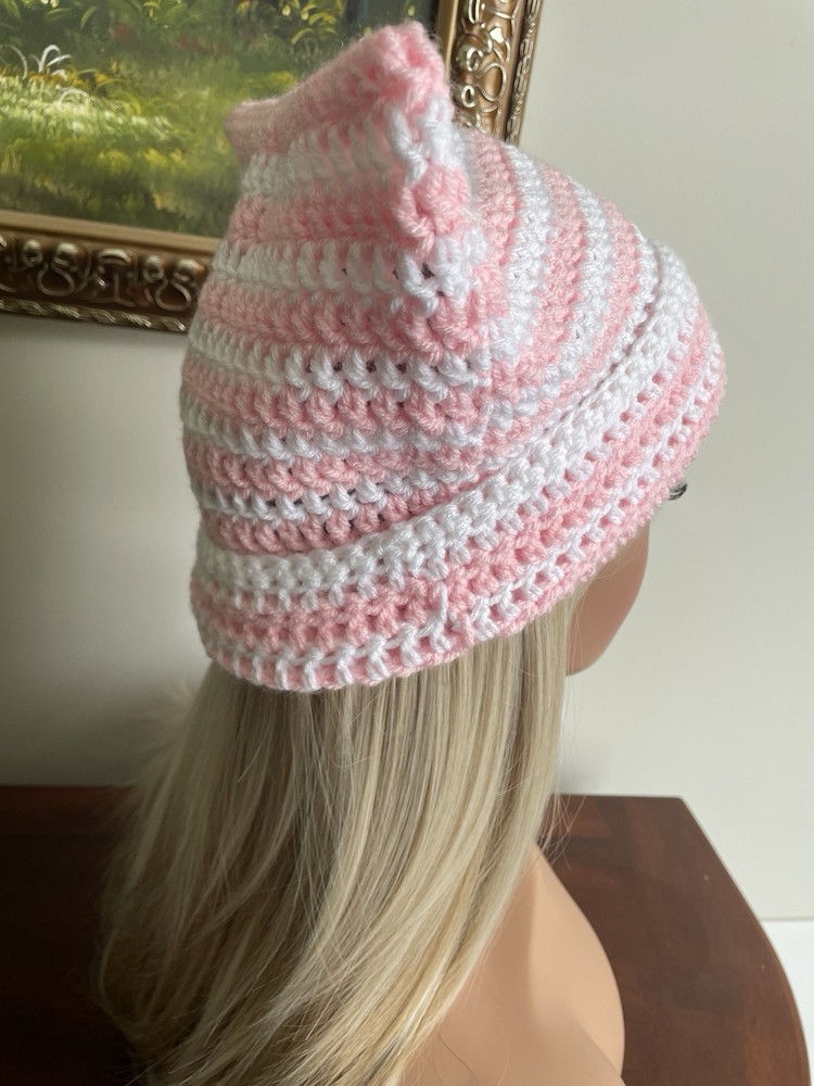 Pink and White Cat Ear Beanie Hat - Handcrafted