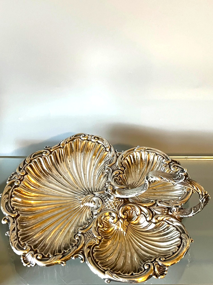 Antique Silver Plate Triple Shell Footed Serving Tray