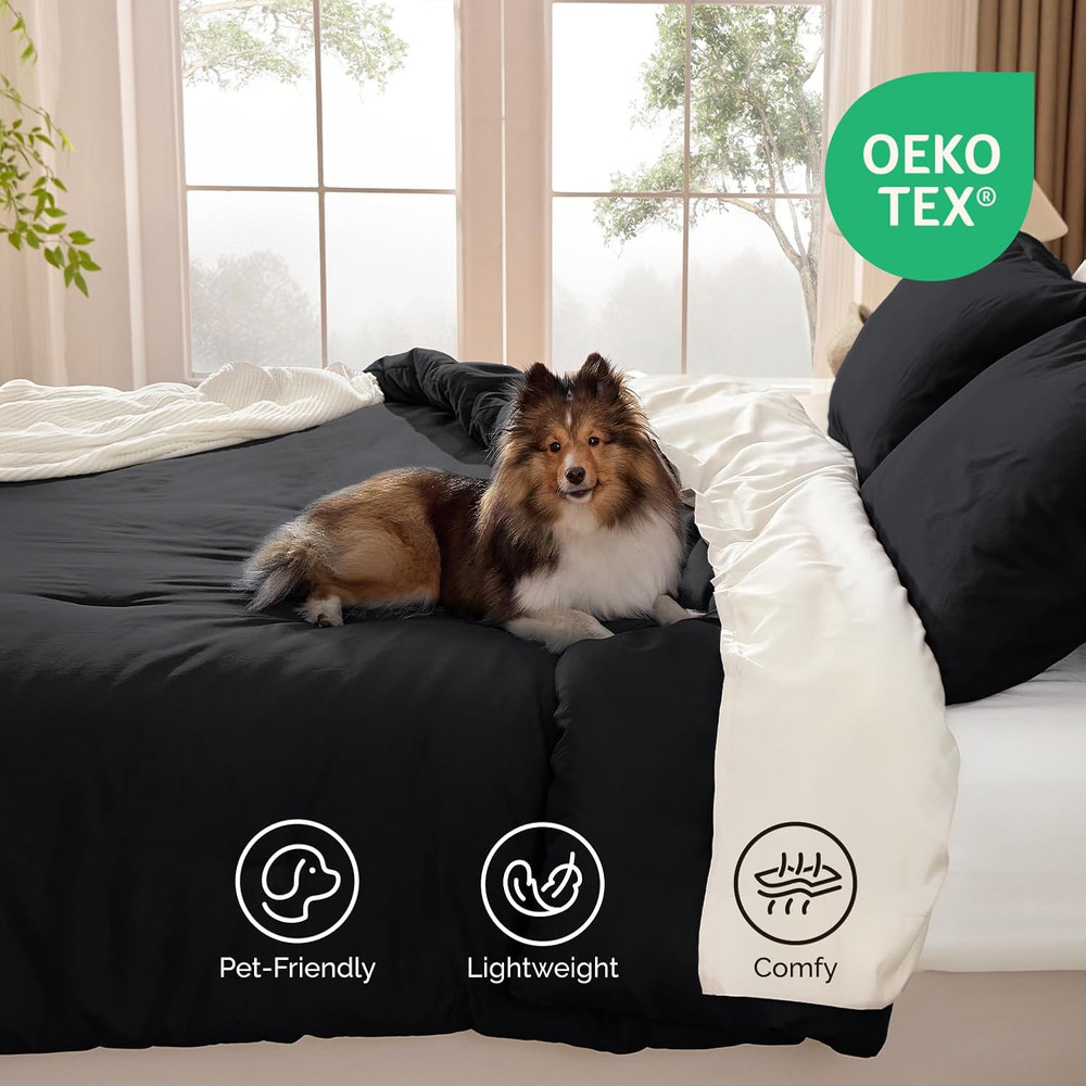 Black Full Size Comforter Set, 3 Pieces Fluffy Solid Bedding Comforters & Sets,