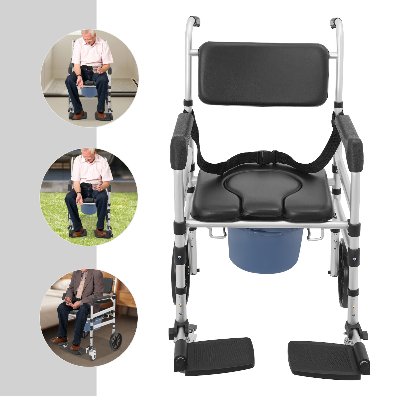 Foldable Shower Rolling Chair Adjustable Seat Folding Bath Wheelchair w/ Wheels