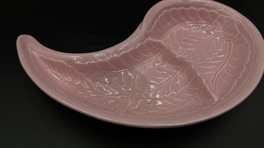 Vintage Glazed Ceramic Pink Leaf 2 Section Serving Tray 14"